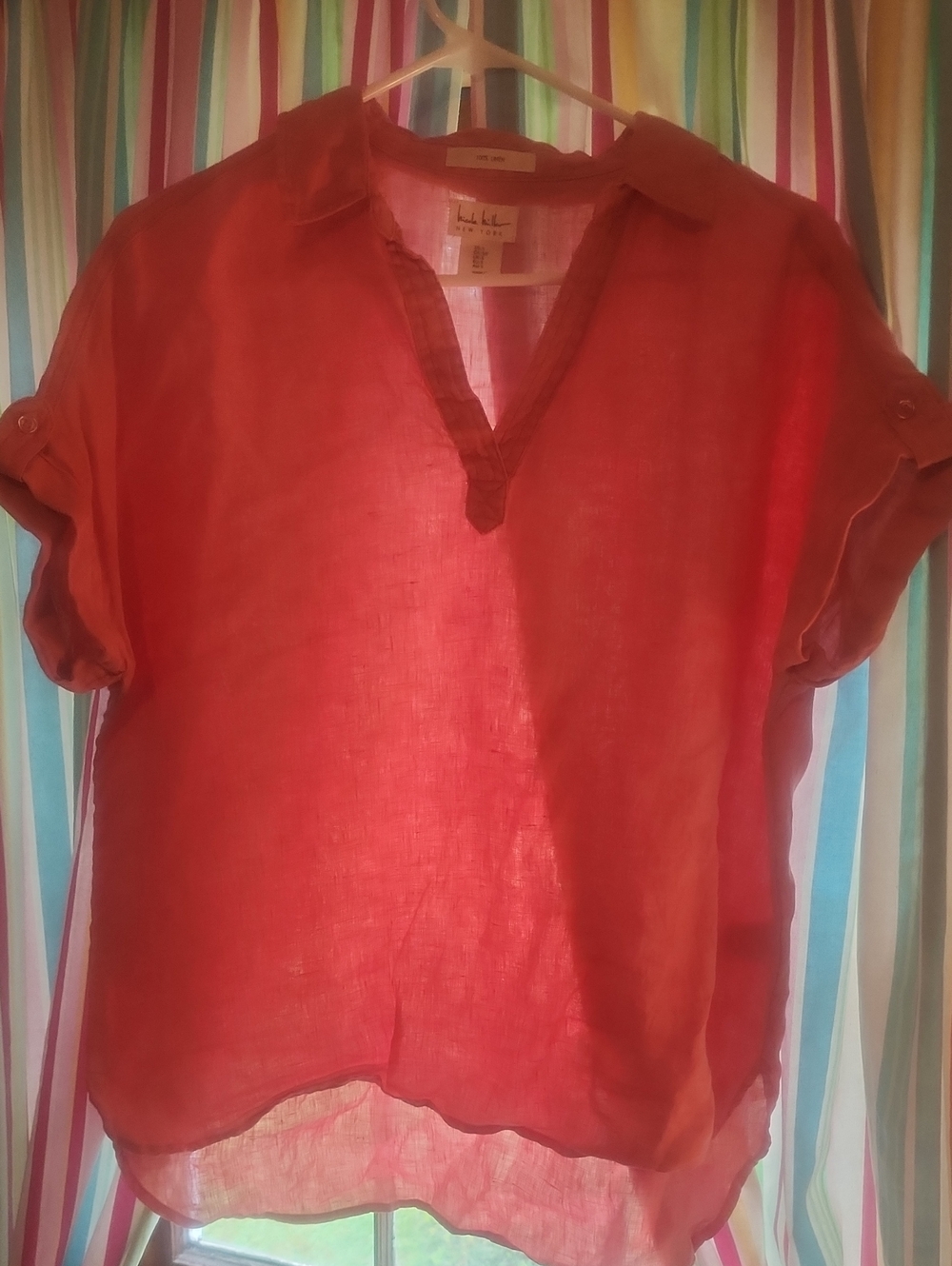 Nicole Miller Red Linen V-Neck Tunic Top